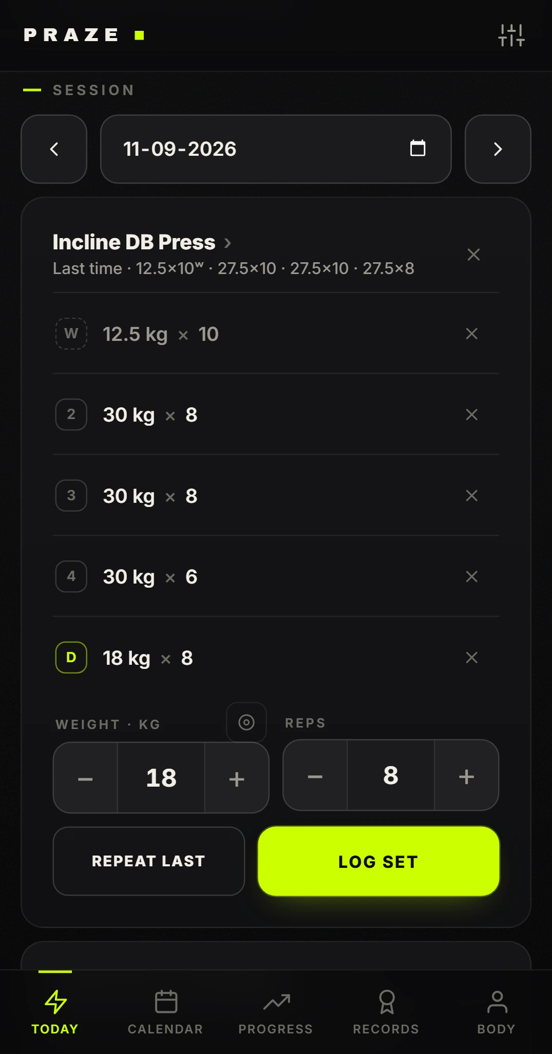 The tracker's logging screen: an open session with sets tagged as warm-up, working and drop, a weight and reps stepper, and a Log Set button.
